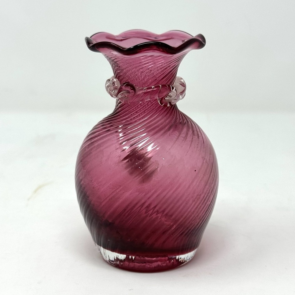 Pilgrim Cranberry Glass Hand Blown Optic Swirl Bud Vase 4.5" Applied Ribbon